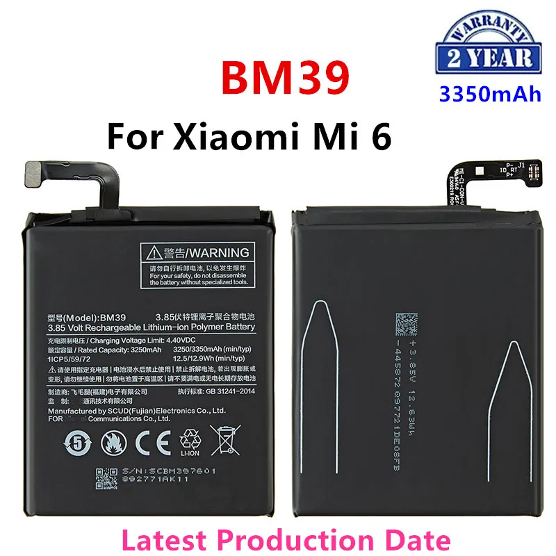 

100% Orginal BM39 3350mAh Battery For Xiaomi 6 Mi 6 Mi6 BM39 High Quality Phone Replacement Batteries