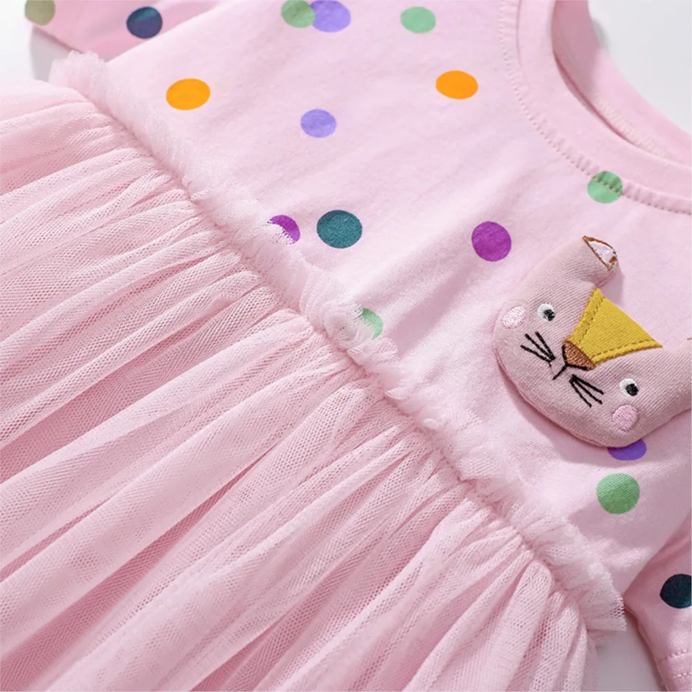 2025 Summer New Kids Clothes Baby Girls Children's Clothing Pink Embroidered Cartoon Cats Mesh Dresses 2-7 Years