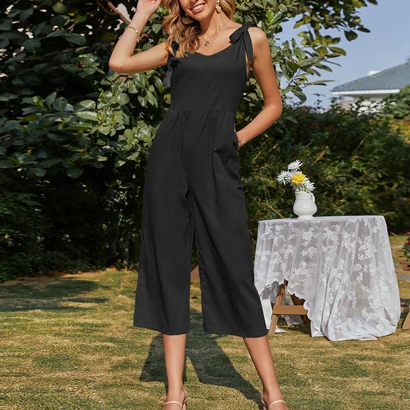 Summer Holiday Beach Casual Solid Jumpsuit Women Sleeveless Cotton Linen Wide Leg Rompers Elegant Shoulder Bow Jumpsuits Female bpn streetwear patchwork denim jumpsuits for women square collar sleeveless high waist spliced pocket soild jumpsuit female new