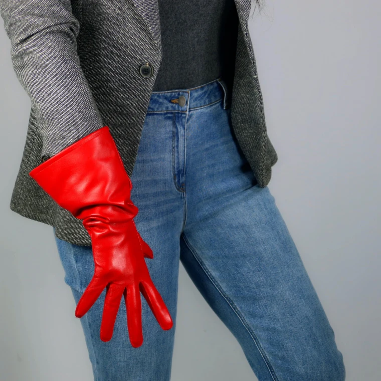 REAL LEATHER TECH LONG GLOVES Unisex Black 38cm Wide Balloon Puff Sleeves Large LLDLLNT