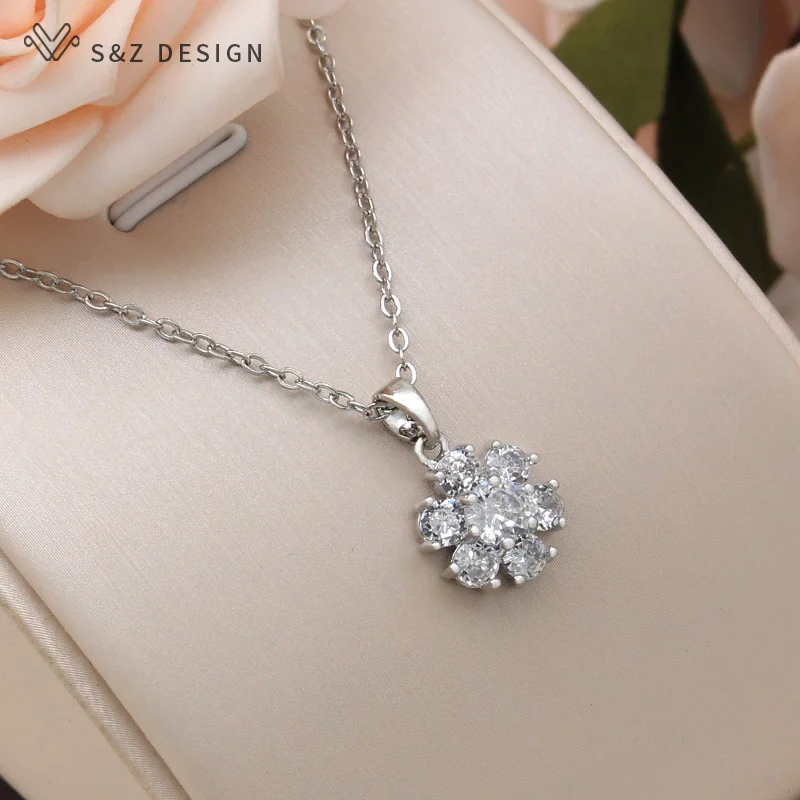 S&Z DESIGN New Fashion 585 Rose Gold Color Snowflake Pendant Necklace For Women Cubic Zirconia Jewelry Lovely Romantic Gift