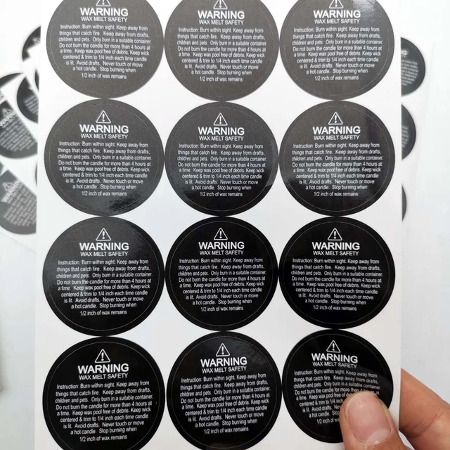 1.5 Inch Waterproof wax melting safety label stickes warning candle sticker Sheets round Candle Jar Container Labels white black 3