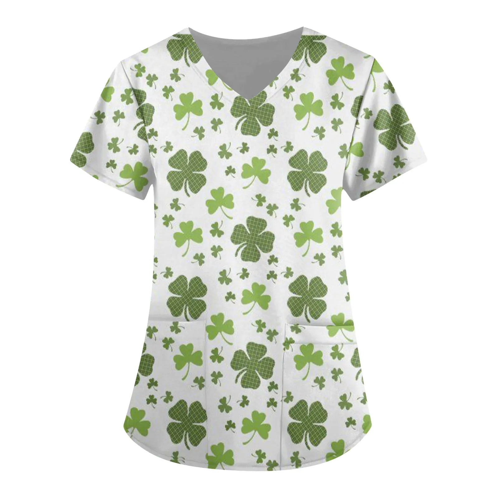 Damski T-Shirt Z Krótkim Rękawem W Szpic Z Dekoltem Do Szorowania Z Nadrukiem Zieloną Koniczyną Do Pielęgnacji Skóry Top St. Patrick'S Day Carders Str