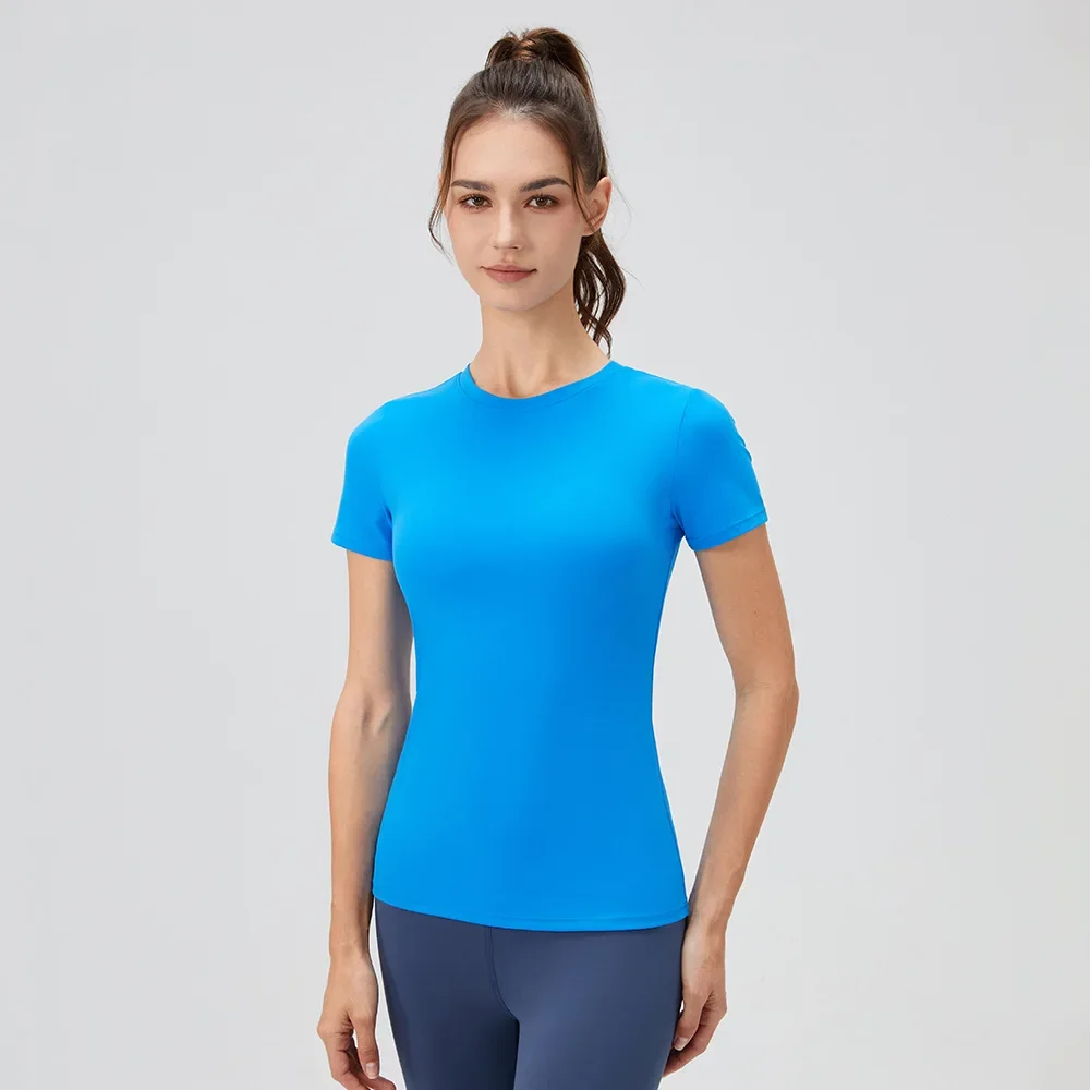 Women's solid color yoga short sleeved T-shirt, round neck quick drying tight fitting running fitness training sports top