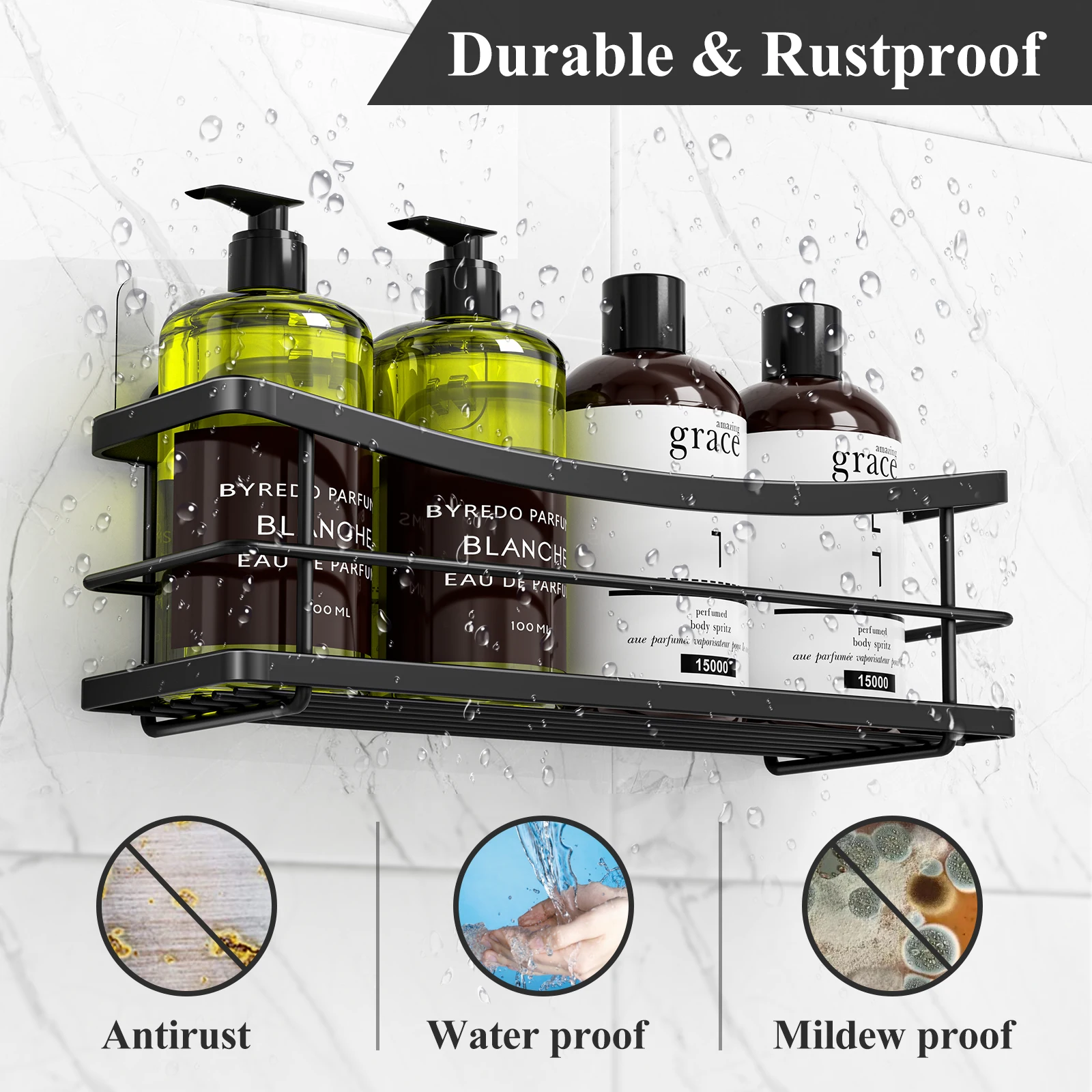 Mystozer Black Shower Caddy with Removable 4 Hooks Adhesive Shower Shelf Basket No Drilling Toilet Organizer Accesorios de ba&ntilde;o