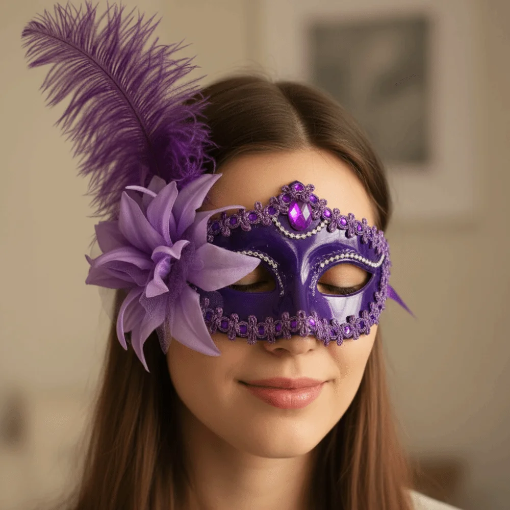 Seitliche Blumen-Maskerade-Maske mit Federn, Plastik-Venezianische Maske mit Strass-Dekoration, Vintage-Stil Partymaske für Mardi Gras – Detail 7
