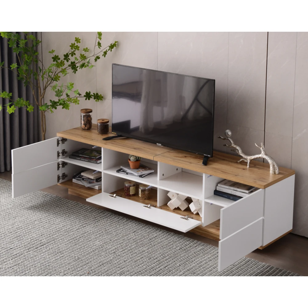 PINGGO 180CM Moderner Farbblock-TV-Schrank mit Holzschnitzerei Weiß – Detail 7
