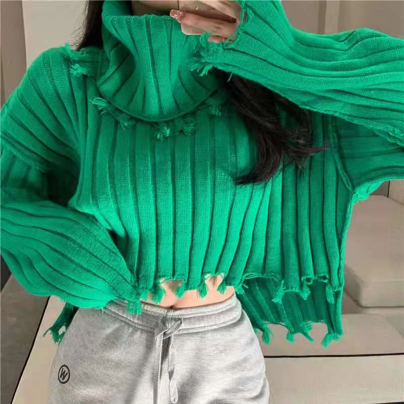 

Ripped Women Fashion Solid Knit Sweater Open Shoulder Top two pieces Female Knitted Sweaters Pullover Chic Tops High Neck XC823