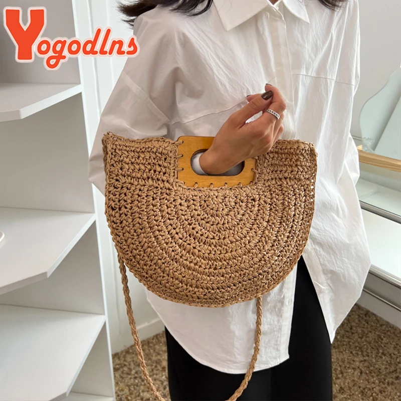 Minimalist Straw Bag for Women Summer Half-moon  Beach Handbags Rattan Handmade Kintted Handle Bags Bolsas