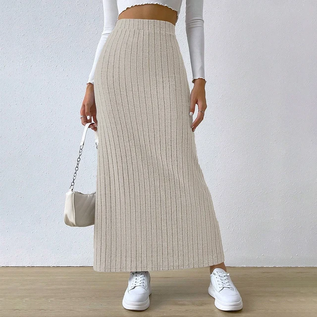 Solid Color Long Skirt Striped High Waist Knitted Maxi Skirt for Women Warm Winter Ankle Length Sheath Skirt with Split Hem Slim