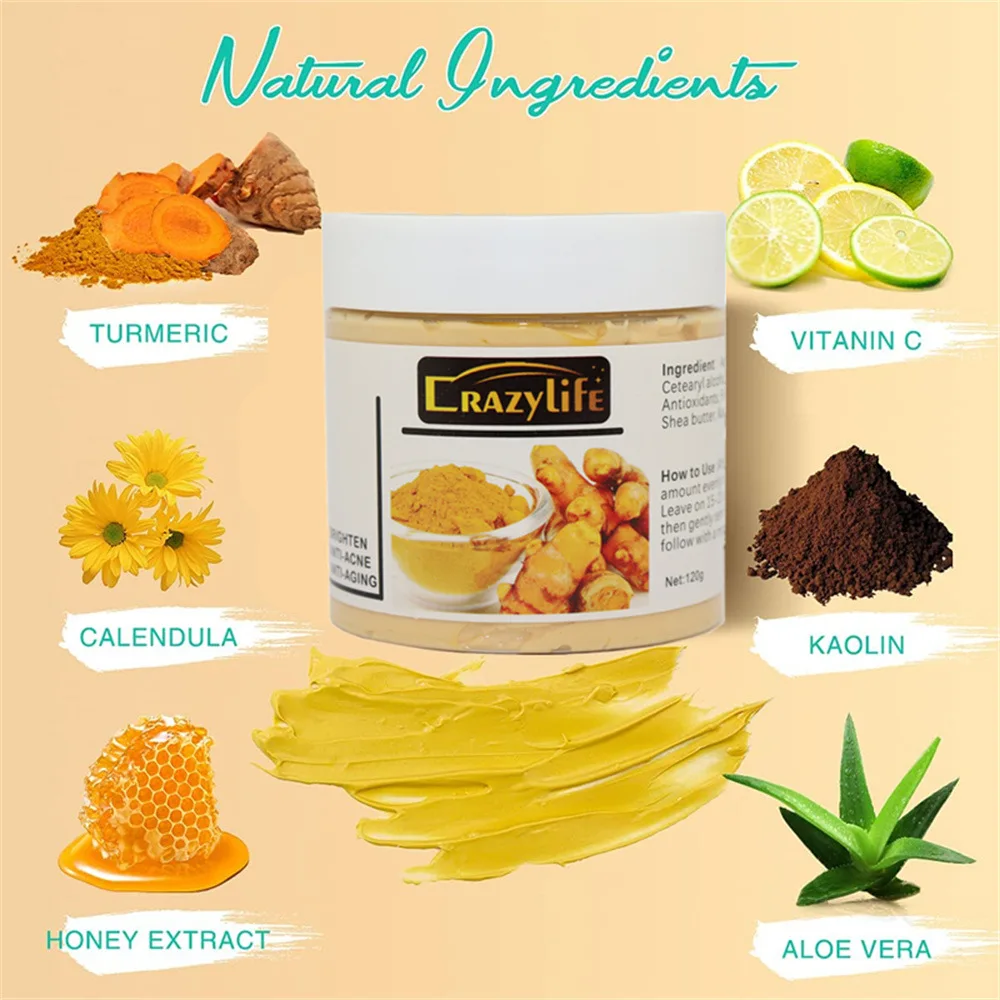 Description Picture 4 of item120gTurmeric Clay Mask Facial Cleaning Pores Dirt Acne Blackhead Anti-Acne Remove Deep Cleansing Oil control Whitening Skin Care