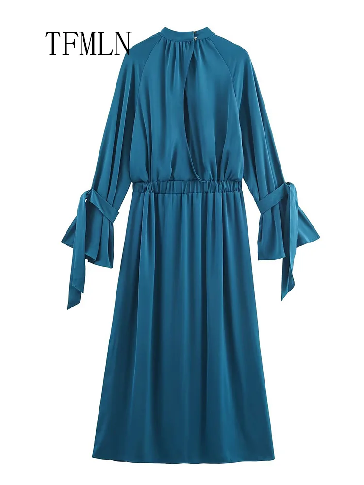 Fashion Women Solid Midi Long Dresses 2026 Spring Summer Elegant O-neck Flare Sleeve Causal Chic Dress Simple A-line Party Dress