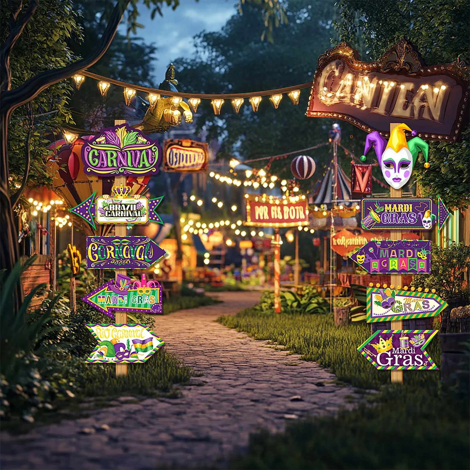 10PC Cardboard Mardi Gras Party Bourbon Street Directional Sign Decor Theme Backdrop Stand,Gras Party Carnival Directional Signs