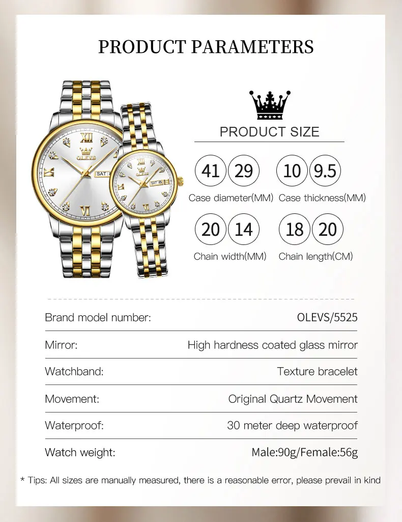 OLEVS New In Couple Watch Gold Diamond Dial Luxury Lover's Wristwatch for Men Women Quartz Watch His or Hers Watch 2pcs Set Gift