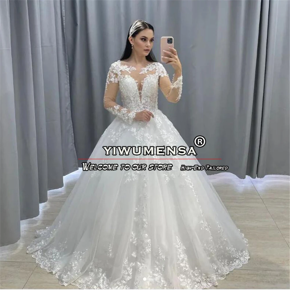 

Romantic White Bridal Gown Long Sleeves Beading Appliques Wedding Dresses Custom Made Princess Bride Marriage Women Clothing