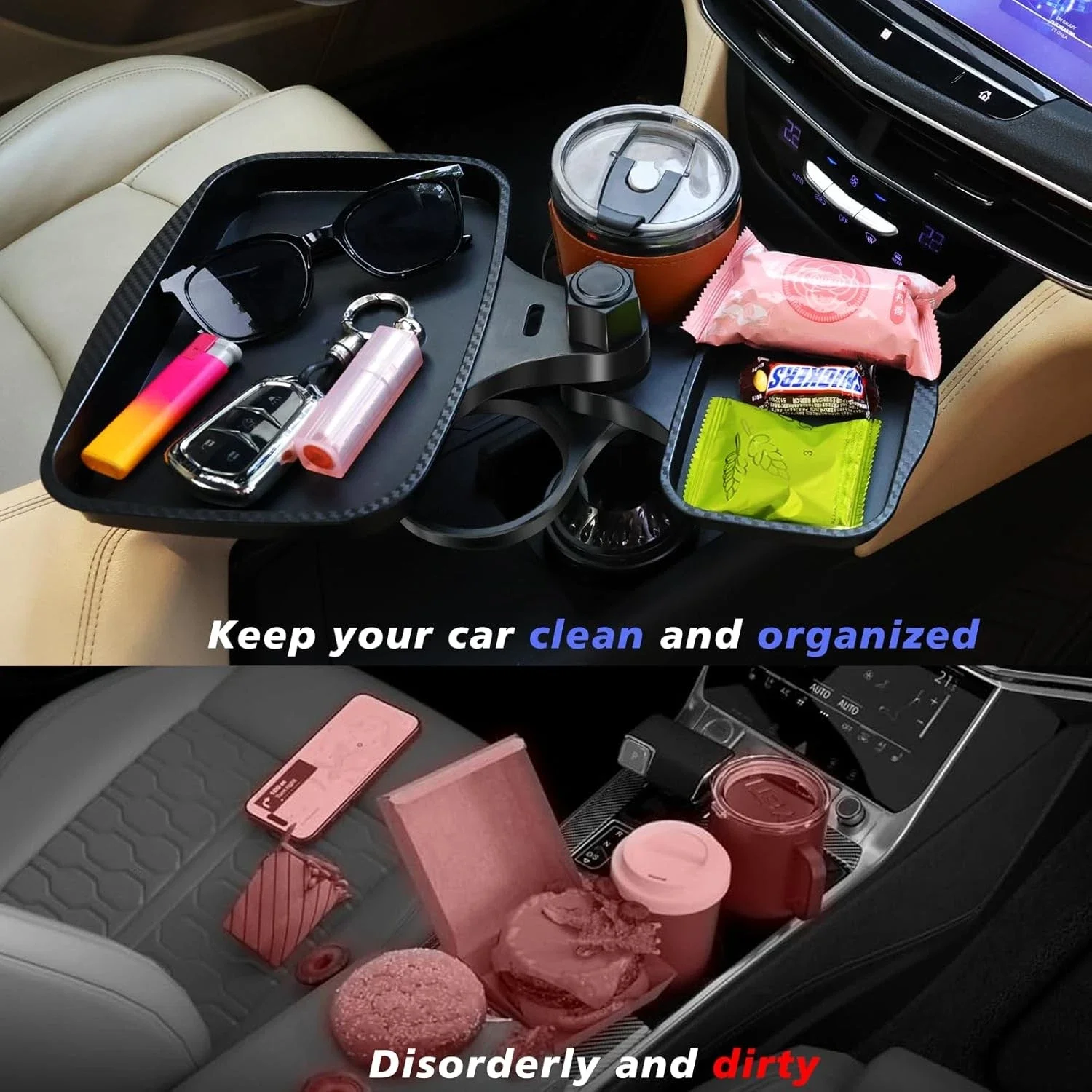 3-in-1 Detachable Car Cup Holder Tray-Expandable Food Table with 360° Rotating Design,Sturdy Base for Long Road Trips Table Tray