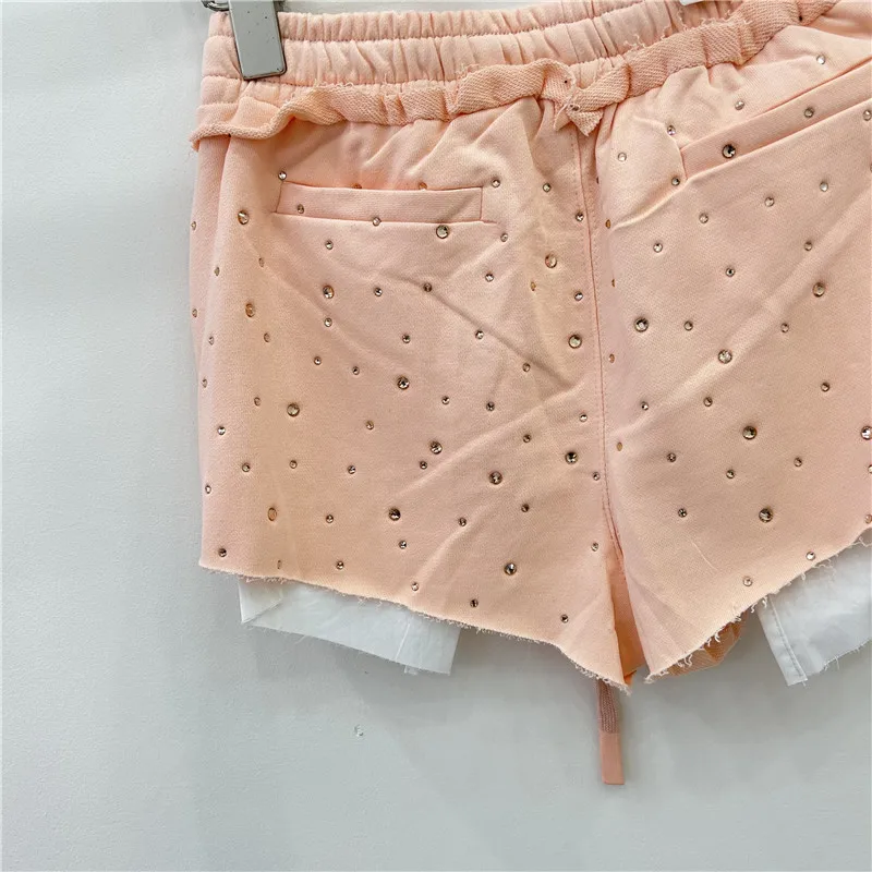 Casual Rhinestones Drawstring Shorts for Women 2024 Summer New Loose Women's High Waist All-Matching Irregular Short Sweatpants