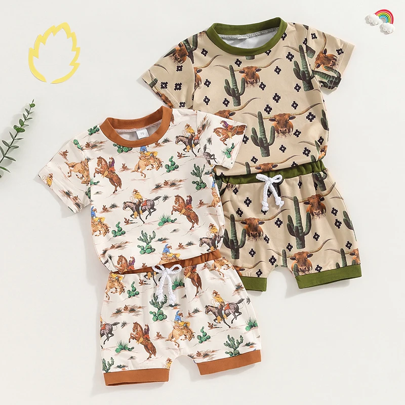 

2024-04-03 Lioraitiin Toddler Boys Western Outfits Short Sleeve Cactus Cattle/Cactus Horse Print Tops and Drawstring Shorts Sets