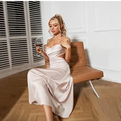 Elegant Women's Satin Red Dress Silk Hollow Out Sleeveless Cowl Neck Vintage Sexy Ruched Party Beach Evening Long Dress Outfits