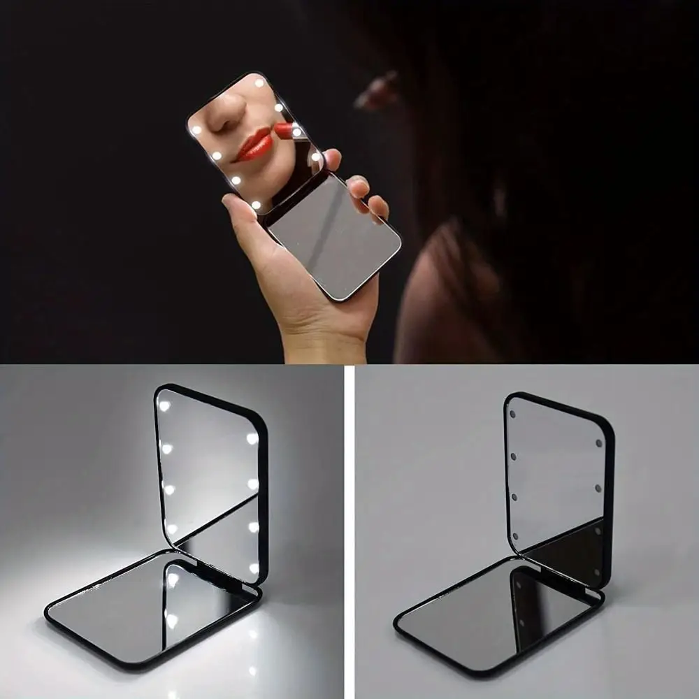 Fashion Square Makeup Mirror 2-Sided Handheld Cosmetics Mirror Folding with LED Lights Compact Pocket Mirror Makeup Tool