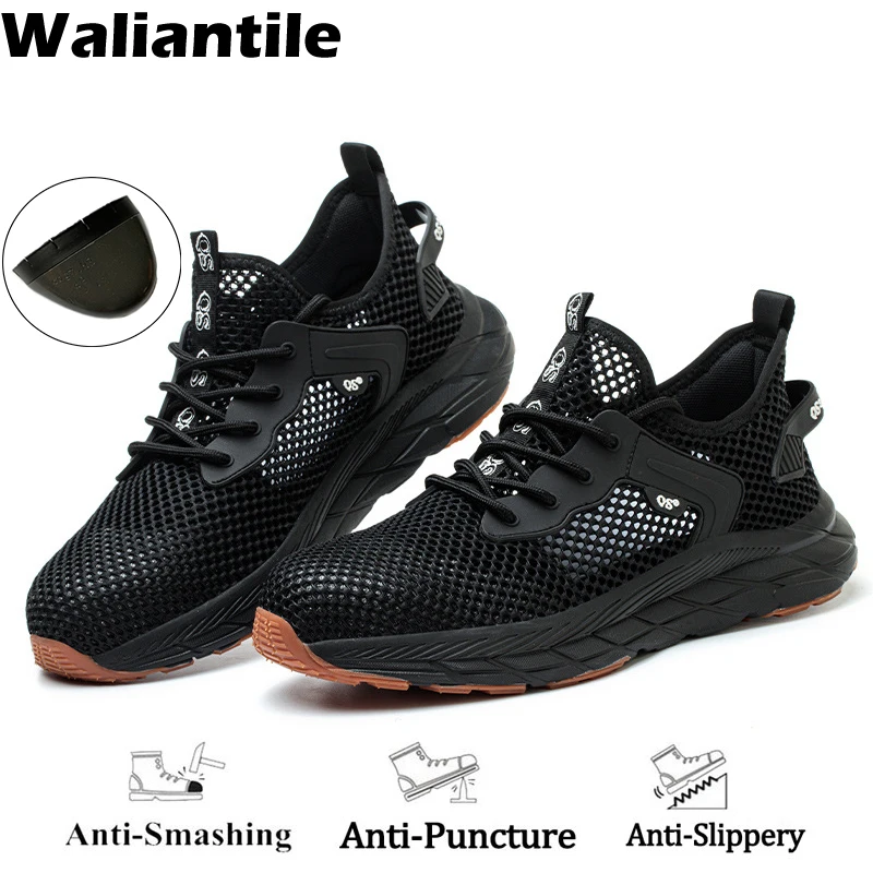 

Waliantile Men Male Summer Safety Shoes Breathable Lightweight Construction Work Boots Anti-smash Steel Toe Indestructible Shoes