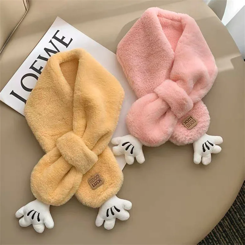 Children Boys Girls Winter Warm Thicken Cute Palm Collar Scarf Solid Color Faux Rabbit Fur Plush Cute Shawl Scarfs