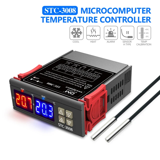 STC-3008 듀얼 디지털 온도 조절기, AC110-220V 온도 조절기, 히터 및 쿨러 온도조절기 포함, DC12 V, 24V