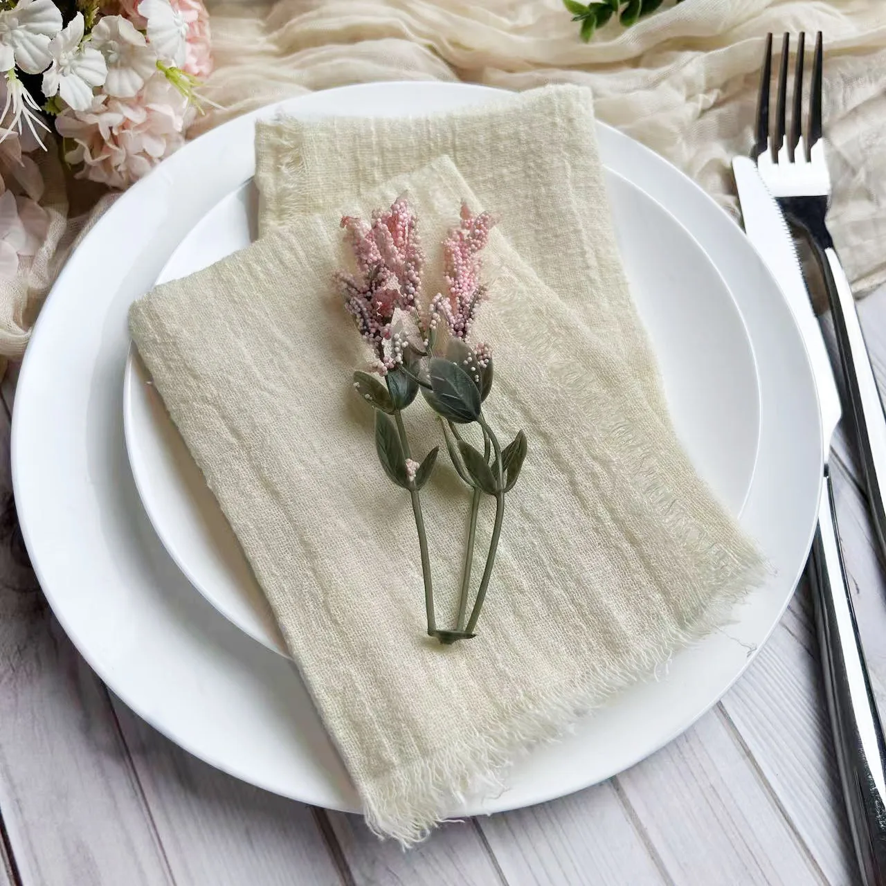 6pcs 32x32cm Gauze cotton Wedding Napkins Reusable Blue Trim Tea Towel Rustic Retro Burrs napkins For Dinner,Party,Weddings 6