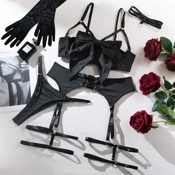set di lingerie sexy Reggiseno con fiocco Set di reggiseno tentazione nero Cintura scavata che raccoglie biancheria intima da donna in quattro pezzi Set di indumenti da notte erotici