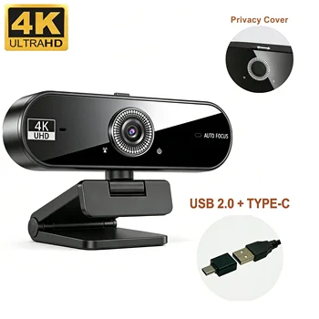 Webcam 4K per PC 30fps con Autofocus, Microfono con Riduzione del Rumore, Copertura Privacy, Esposizione Automatica, Adattatore USB 2.0 Type-C