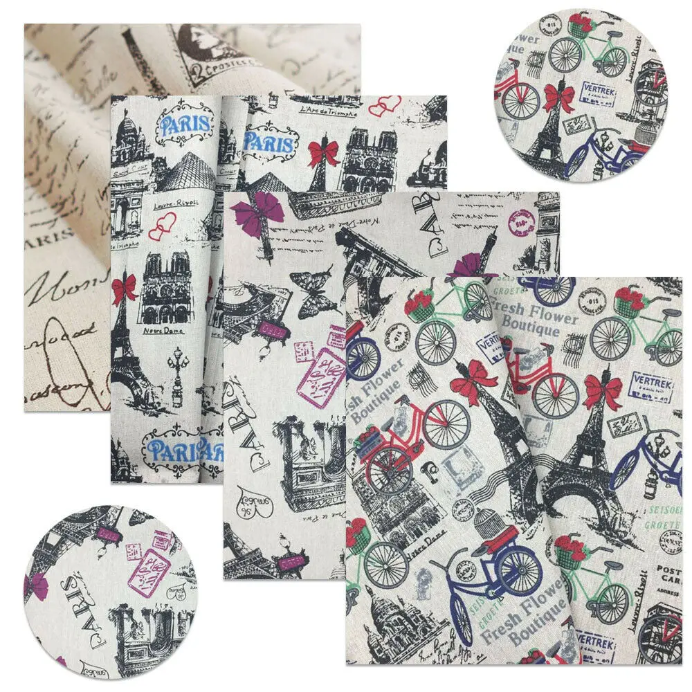 Purple Red Bow Bicycle Crown Eiffel Tower Retro Printed Cotton Linen Fabric Diy Sofa Tablecloth Cushion Pillow Materials