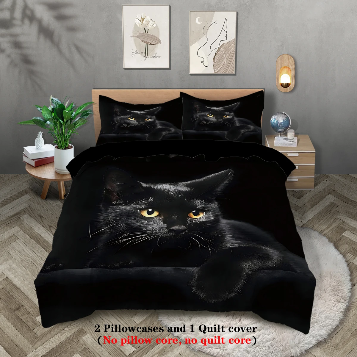 סט שלושה חלקים (1 כיסוי שמיכה + 2 ציפיות, ללא ליבה) סט מצעים מודפס עם אלמנט חתול שחור מדליק, מגוון גדלים