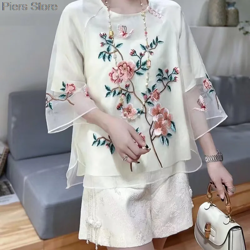 Chinese Style Embroidery Yarn Top for Women hanfu Blouse women chinese shirt