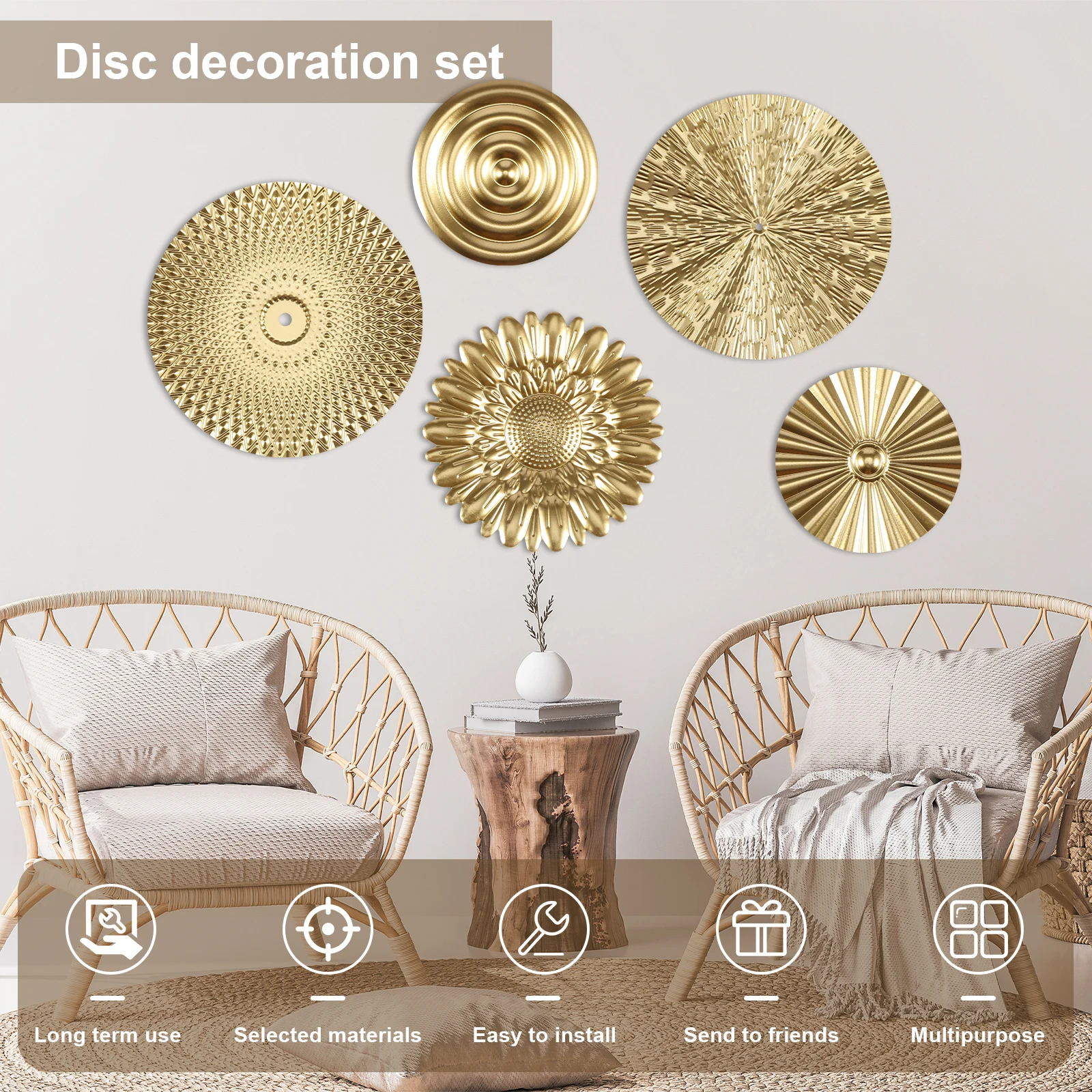 3/5 Pcs Metal Decor Disc Round Golden Wall Decoration Wall Mounted Round Plate Pendant Detachable Decor Disc for Home Decoration