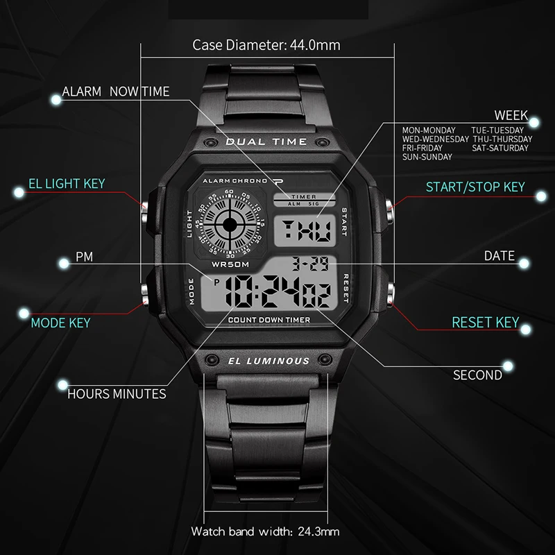 YIKAZE Digital Watch Men's Watch Stainless Steel Strap Countdown Sport Watches Waterproof Led Electronic Wristwatch for Men Gift 6