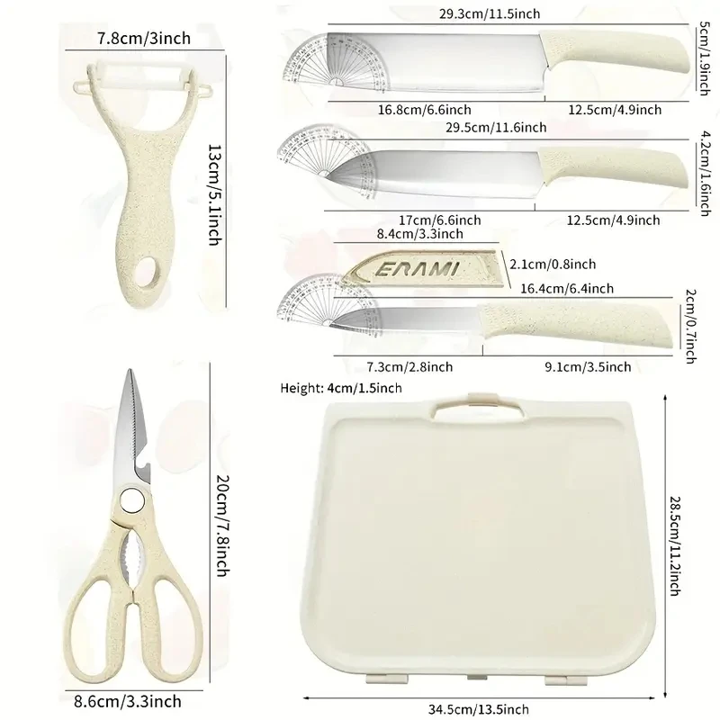 Kitchen Outdoor Camping Straw Portable 8-Piece Set with Small Vegetable Knife and Cutting Board Suitcase, BPA Free, Safe Dishwas
