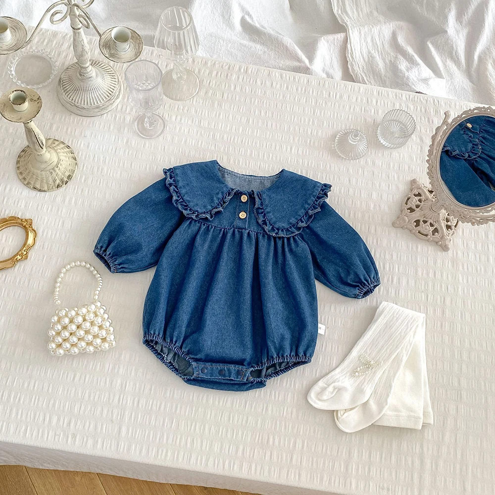 Denim Baby Girls Bodysuit Peter Pan Collar One Piece