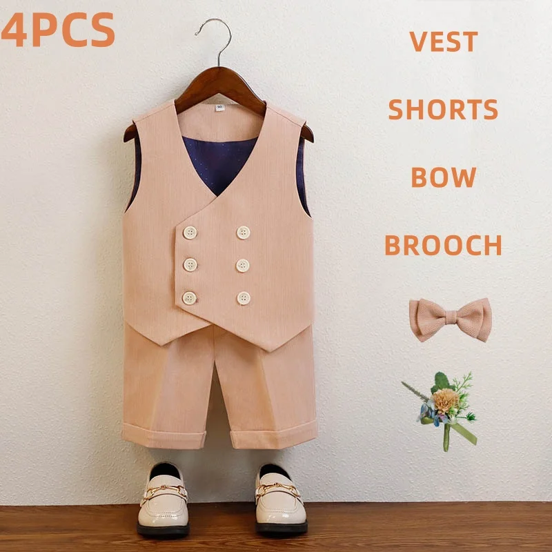 Kinder Sommer Anzug Set Formale Elegante Baby Kinder Hochzeit Anzüge Kinder Junge Weste Shorts Bowtie Outfit Set Kinder Anzug Für Jungen – Detail 9