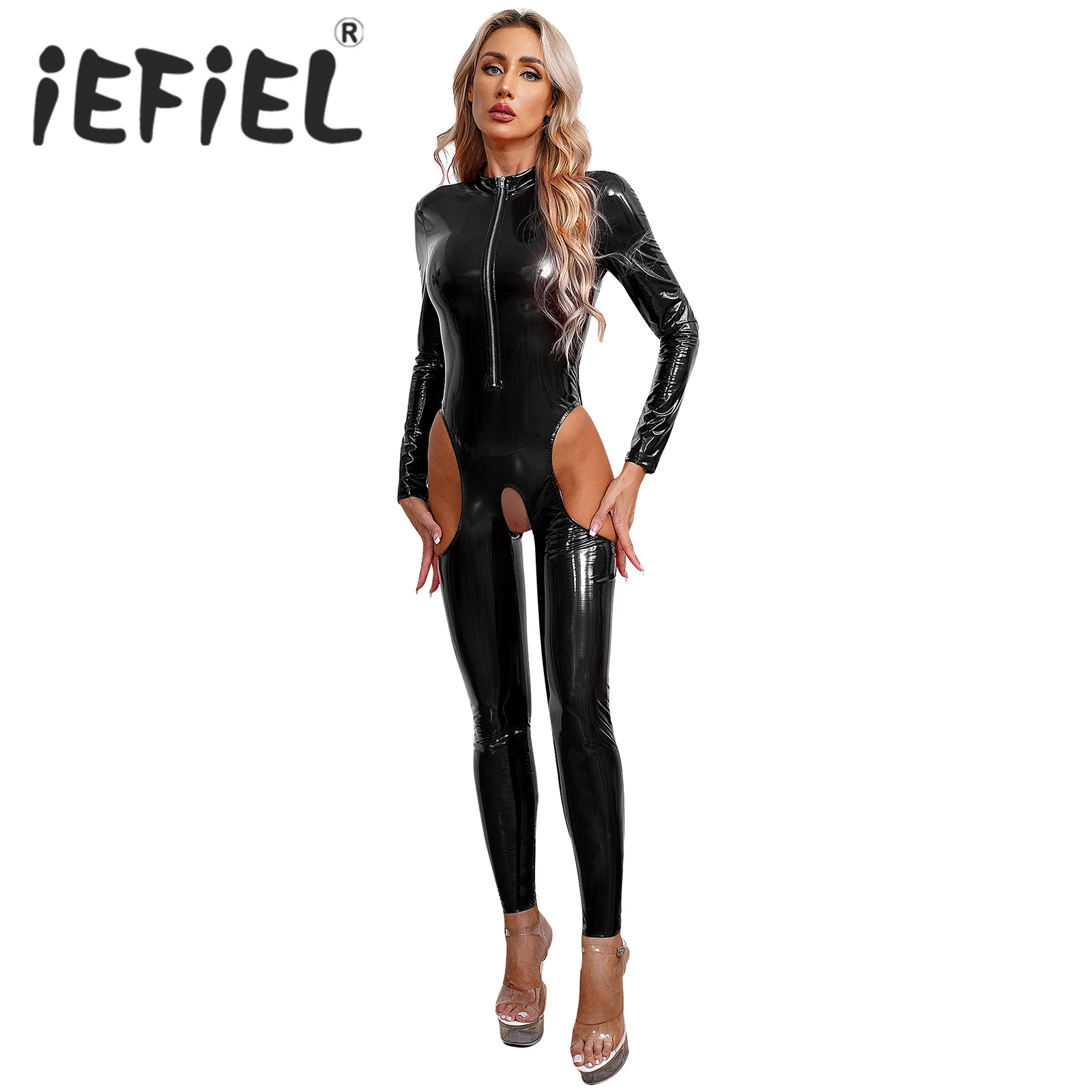 

Womens Wetlook Jumpsuit Cutout Crotch Patent Leather Stand Collar Crotchless Catsuit Wet Look Clubwear Party Full Body Bodysuit