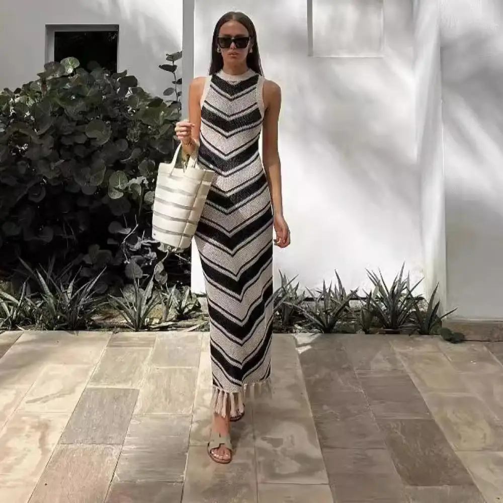 

Sexy Tight Striped Tassel Sleeveless Knitted Dress for Women 2024 Summer Fashion Beach Party Evening Long Knitwear Robes