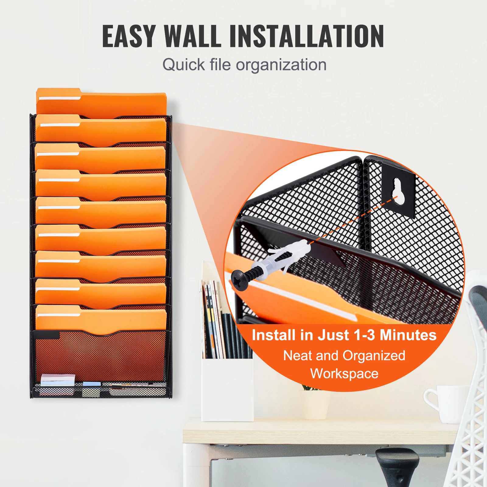 VEVOR One-Piece 10 Pockets Mesh Magazine Mail Paper File&Document Storage Wall Rack with Nametag Label for Office Home&School