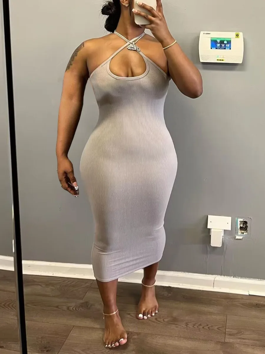 

LW SXY Cross Strap Backless Bodycon Dress Women Summer Solid Color Sleeveless U Neck Backless Mid Calf Dresses vestidos