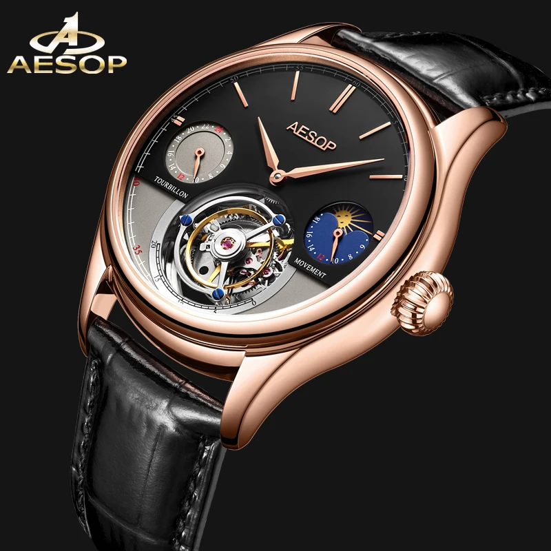 

AESOP мужские многофункциональные часы с турбийоном, точные стальные водонепроницаемые механические часы, повседневные деловые наручные часы