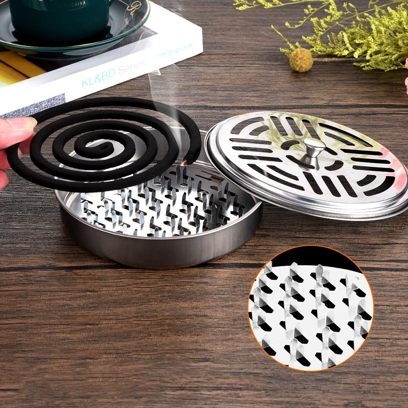 

1pc Portable Insect Repellen Stainless Steel Modern Spiral Cover Repellent Rack With Cover Mosquito Coil Holder Tray Incense