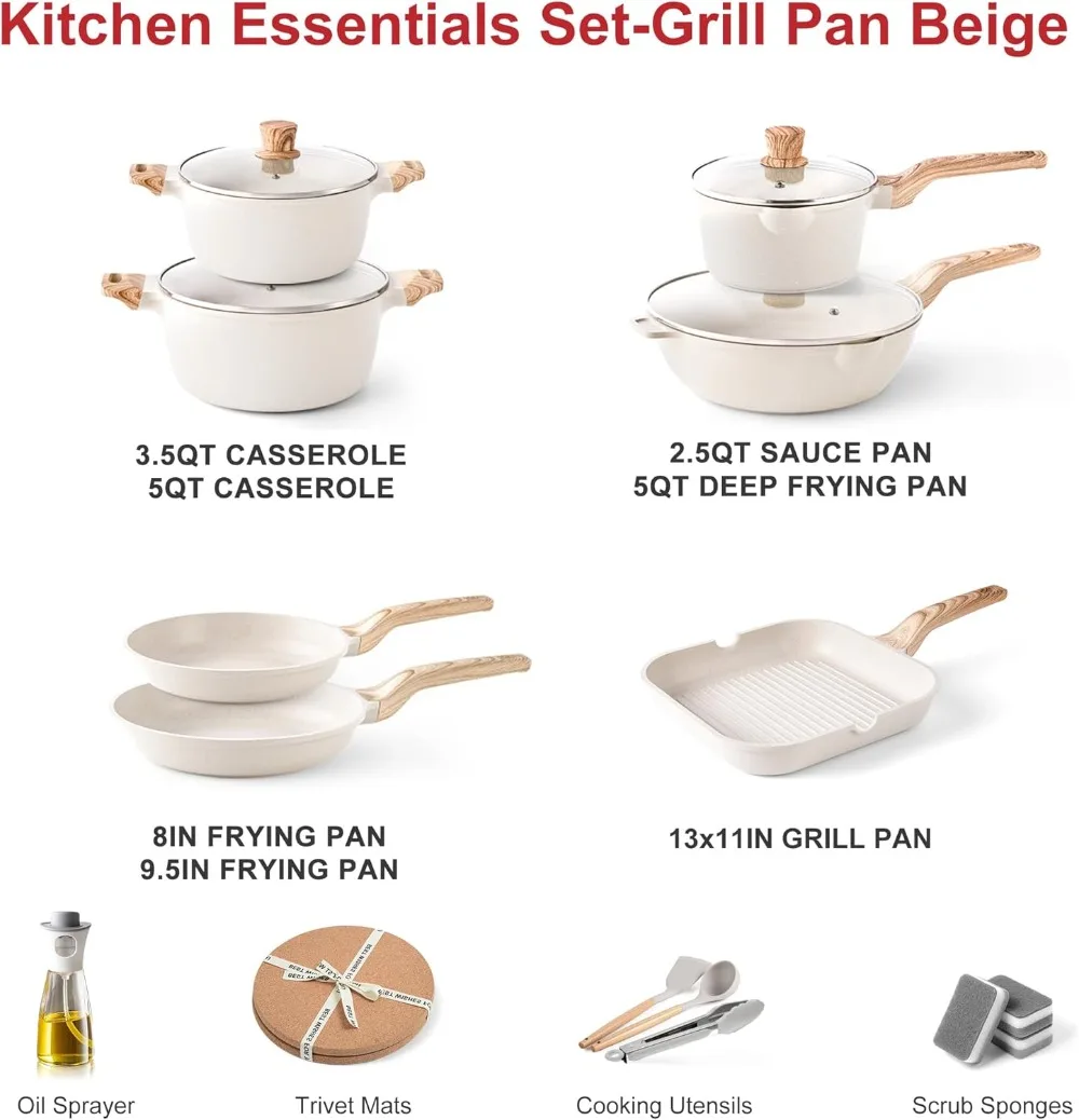 Nonstick Granite Stone Cookware Sets Induction casseroles & Saucepan & Frying Pans for Cooking PFOS PFOA Free Grill Pan Gray