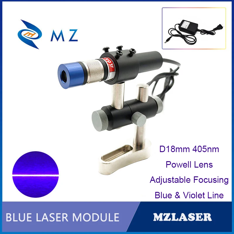 

Adjustable Focusing Powell Lens D18mm 405nm Blue & Violet Line 100/200mW Laser Diode Module With Bracket + Adapter Supply