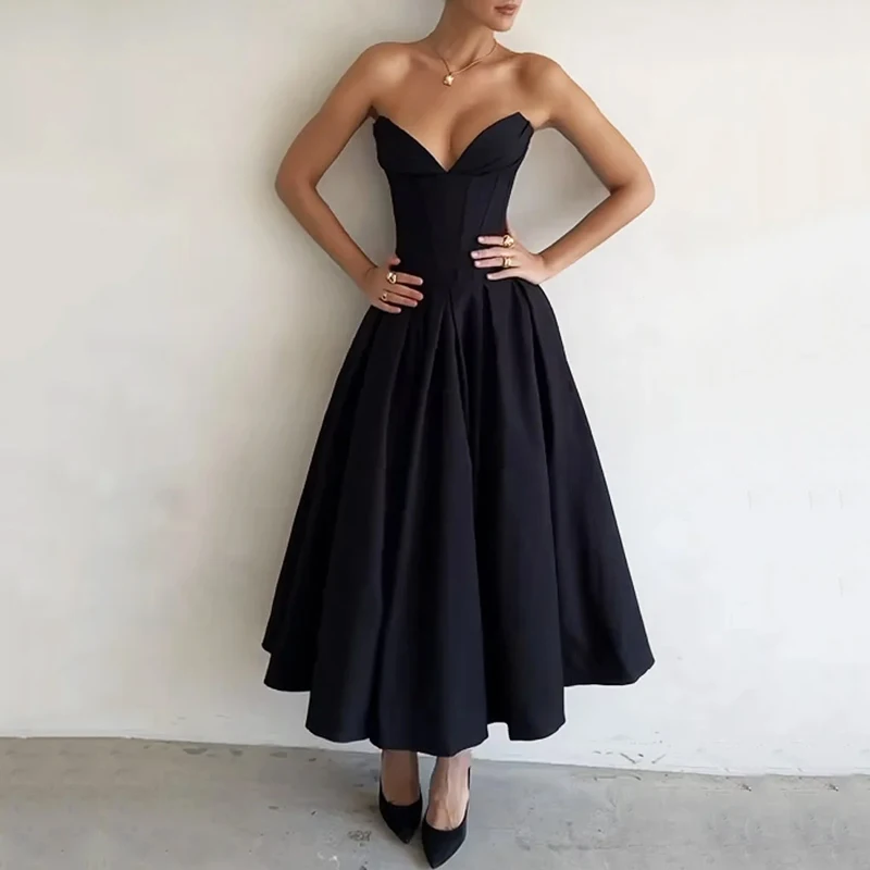

LIYONG Women's Dress Summer Strapless Sleeveless Backless Solid Color Fishbone Tube Top Pleated Long Gown Elegant Party Dresses