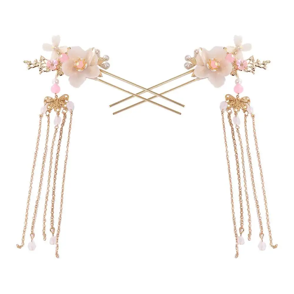 Girls Headpiece Long Flower Handmade Fashion Tassel Headwear Sets Hair Comb Hanfu Hair Stick Earrings