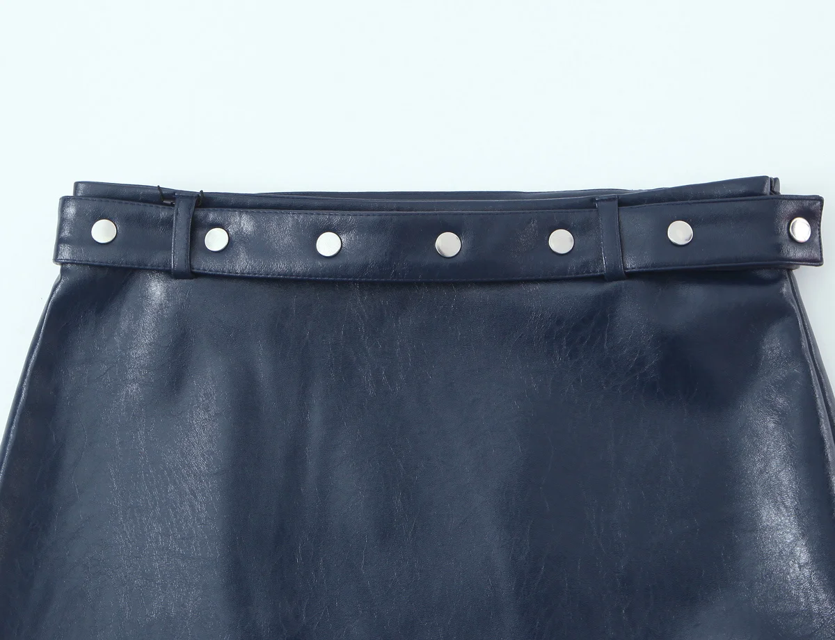 HH Damen Mode Stehkragen Ärmellose Weste mit Reißverschluss und Ledereffekt-Verzierung + Frühlings-Nieten-Gürtel Minirock Zweiteiler-Set – Detail 17