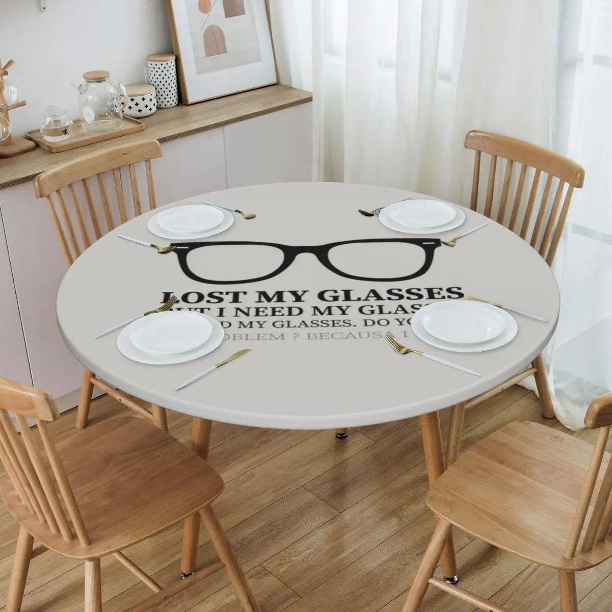 

Round Waterproof Funny Geek Lost My Glasses Table Cover Elastic Optometrist Table Cloth Backing Edge Tablecloth for Picnic